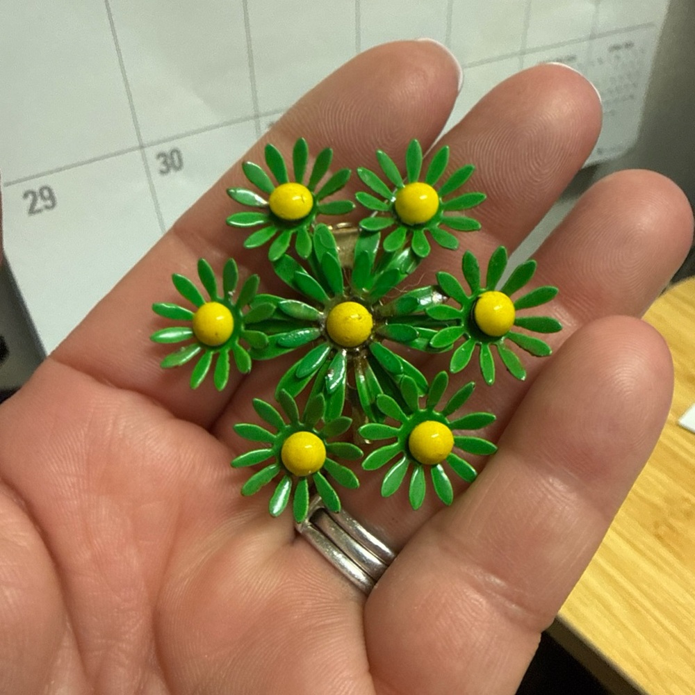 Green and Yellow Enamel Flower Brooch